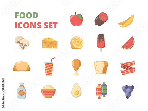 Food icon. Fruits meat milk supermarket products fresh healthy food vector flat icon. Illustration of milk and meat, fresh fruit and food
