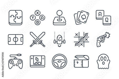 Video game related line icon set. Games category linear icons. Mobile game vector signs and symbols collection.