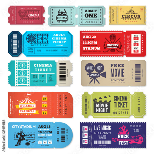 Tickets template. Events entrance tickets in cinema theater circus show concert admission vector design. Entrance cinema or theater, concert entertainment illustration