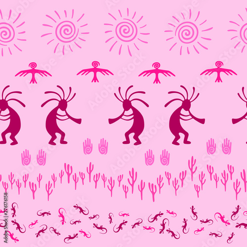 Folk, design with dancing god music spirit, wild nature, spiral signs.