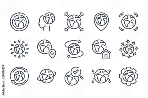 Planet Earth related line icon set. Globe linear vector illustration collection. Earth outline icons.