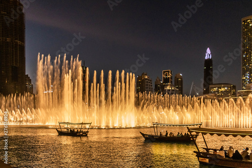 Beautiful Modern Dancing Fountains at Burj Khalifa, The Dubai Mall and wonderful evening show, Dubai, United Arab Emirates