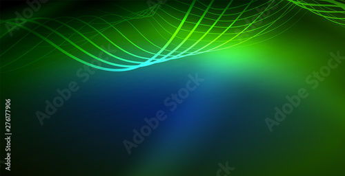 Glowing abstract wave on dark, shiny motion, magic space light. Techno abstract background