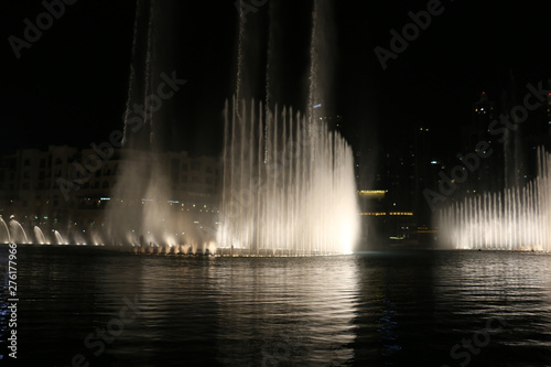 Beautiful Modern Dancing Fountains at Burj Khalifa, The Dubai Mall and wonderful evening show, Dubai, United Arab Emirates