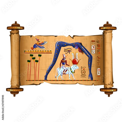 Ancient Egypt papyrus scroll cartoon vector with hieroglyphs and Egyptian culture religious symbols