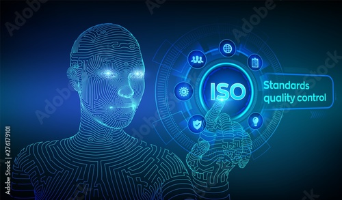 ISO standards quality control assurance warranty business technology concept. ISO standardization certification service concept. Wireframed cyborg hand touching digital interface. Vector illustration.