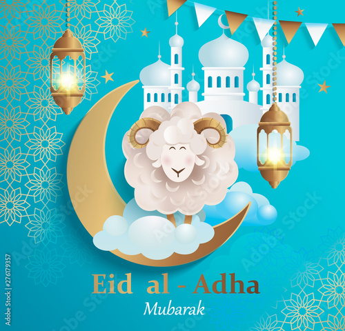 Eid al-Adha Banner.Poster for traditional muslim holiday with sheep, golden ornament,lamp and mosque for happy sacrifice celebration. Islamic greeting card,eid- flyer, poster for social media.