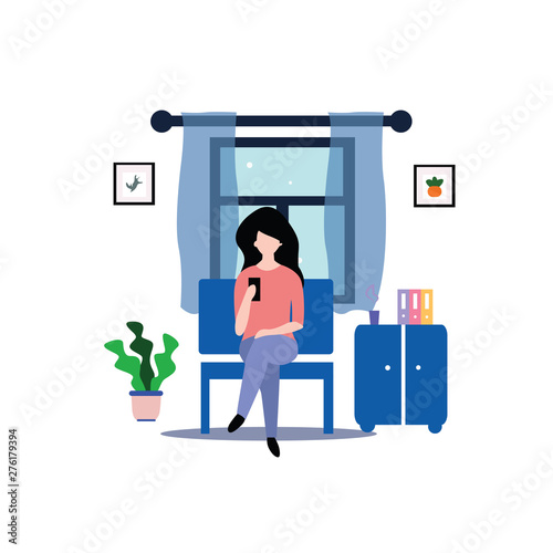 A girl sitting on the sofa works on the laptop. Vector flat illustration.template, cartoon style