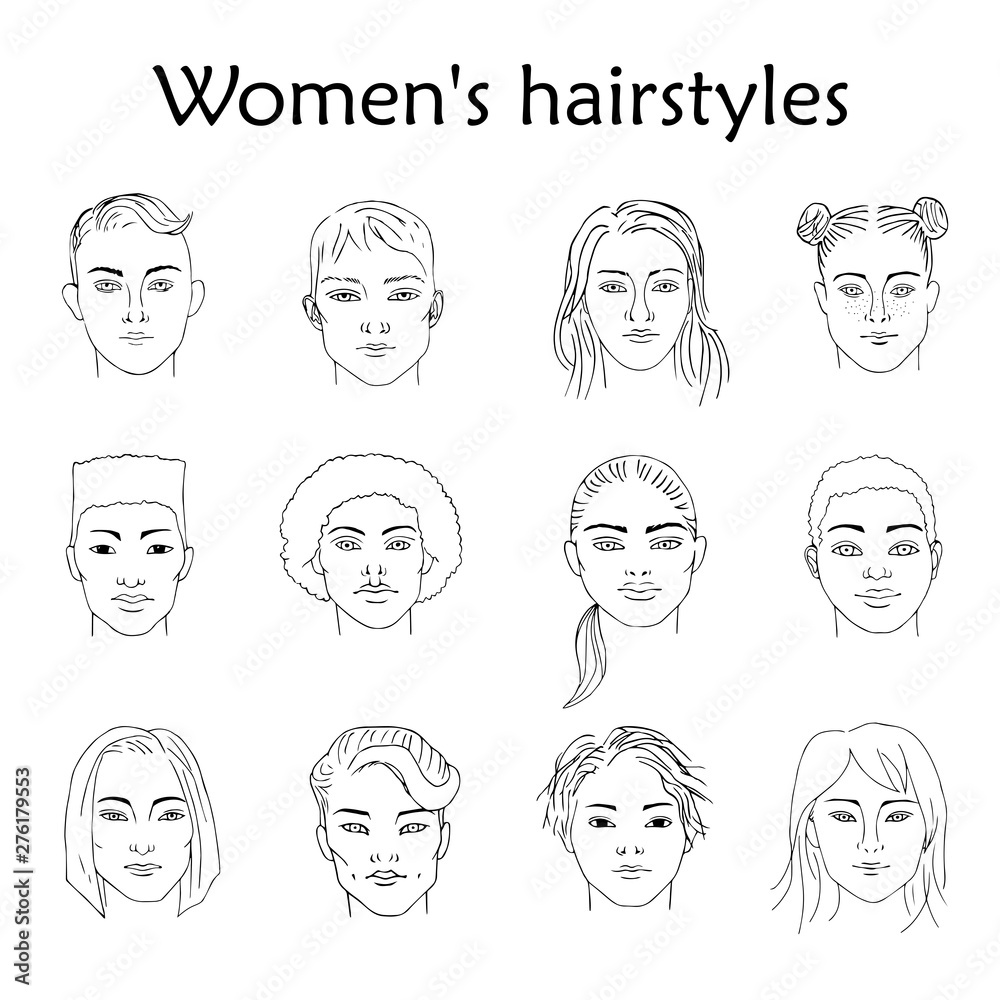Hand drawn sketching set of vector black-and-white females portraits of different races with different hairstyles. Hand drawn sketching set of vector black-and-white females portraits of different races with different hairstyles.