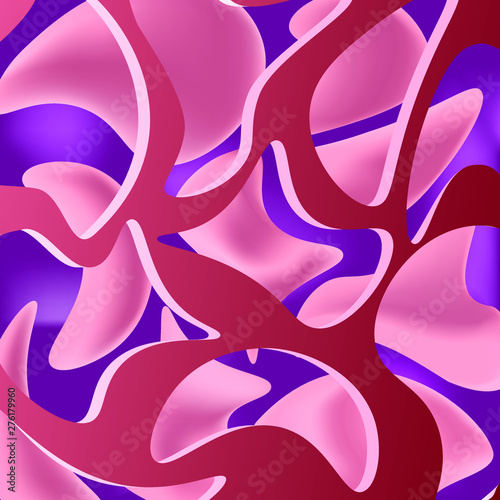 Abstract illustration with a pink texture with holes, light pink volumetric figures behind it and a perple gradient background