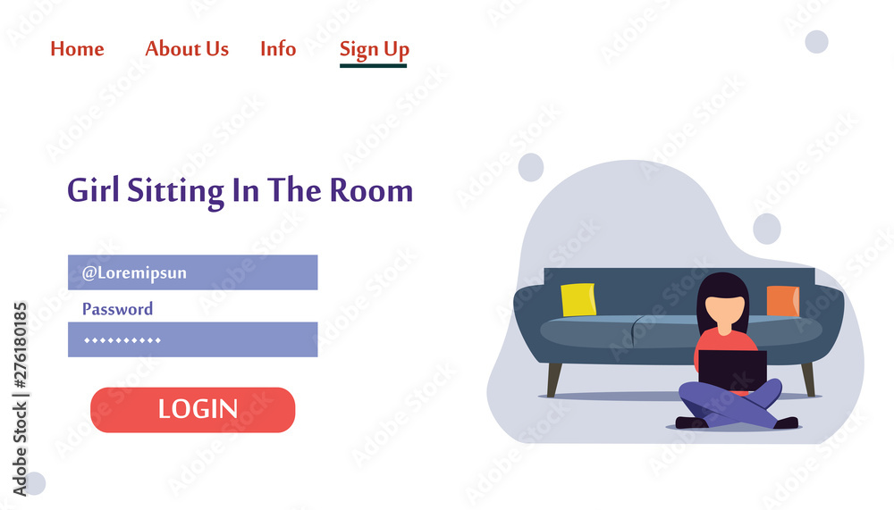 A girl sitting in the room on the sofa Work on the laptop. Vector flat illustration.landing page template, cartoon style