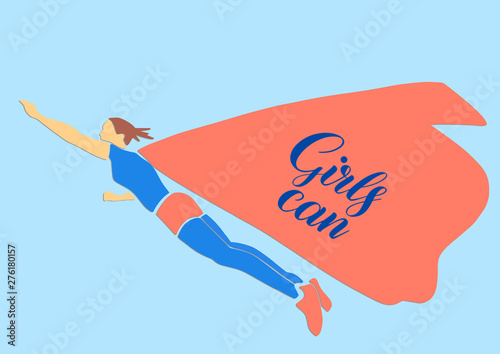 Girls can. Female power colorful illustration. Flying young woman in super woman red and blue costume. Applique or paper cut style. Colorful vector illustration.