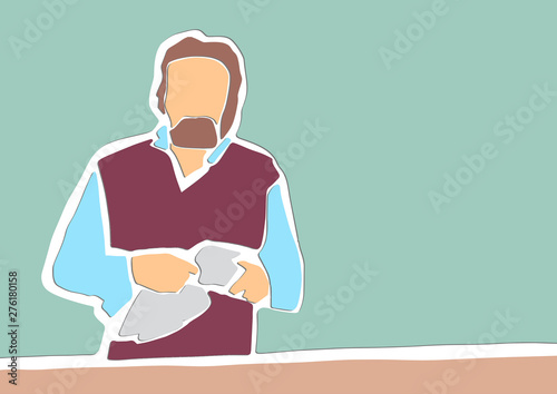 Bearded bartender is wiping glass in a bar. Applique or paper cut style. Colorful vector illustration.