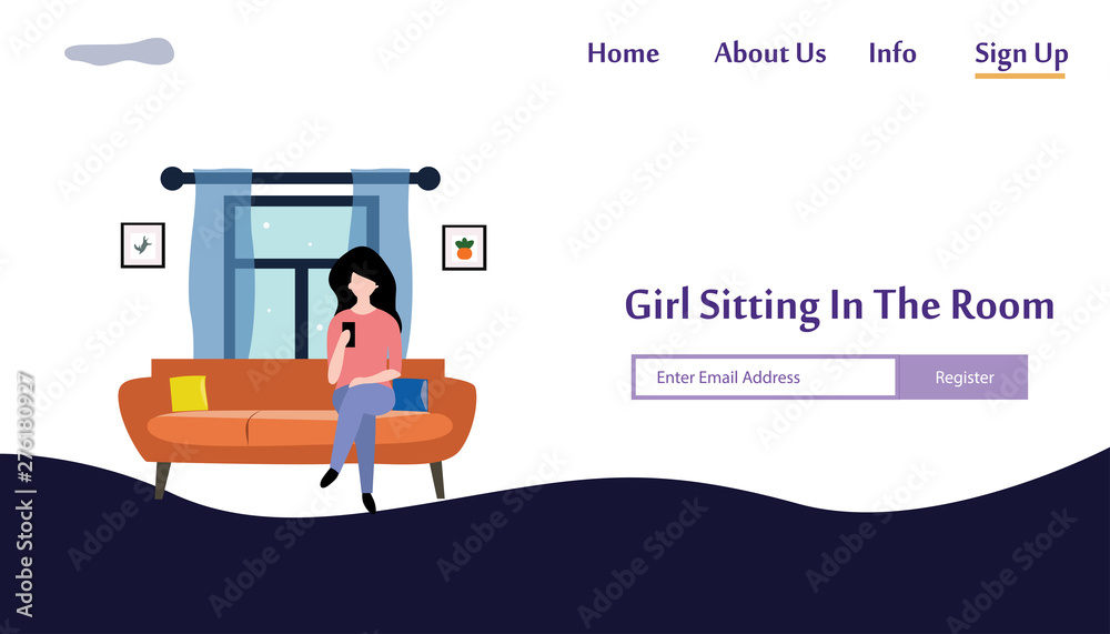 A girl sitting on the sofa playing with smartphone. Vector flat illustration.landing page template, cartoon style