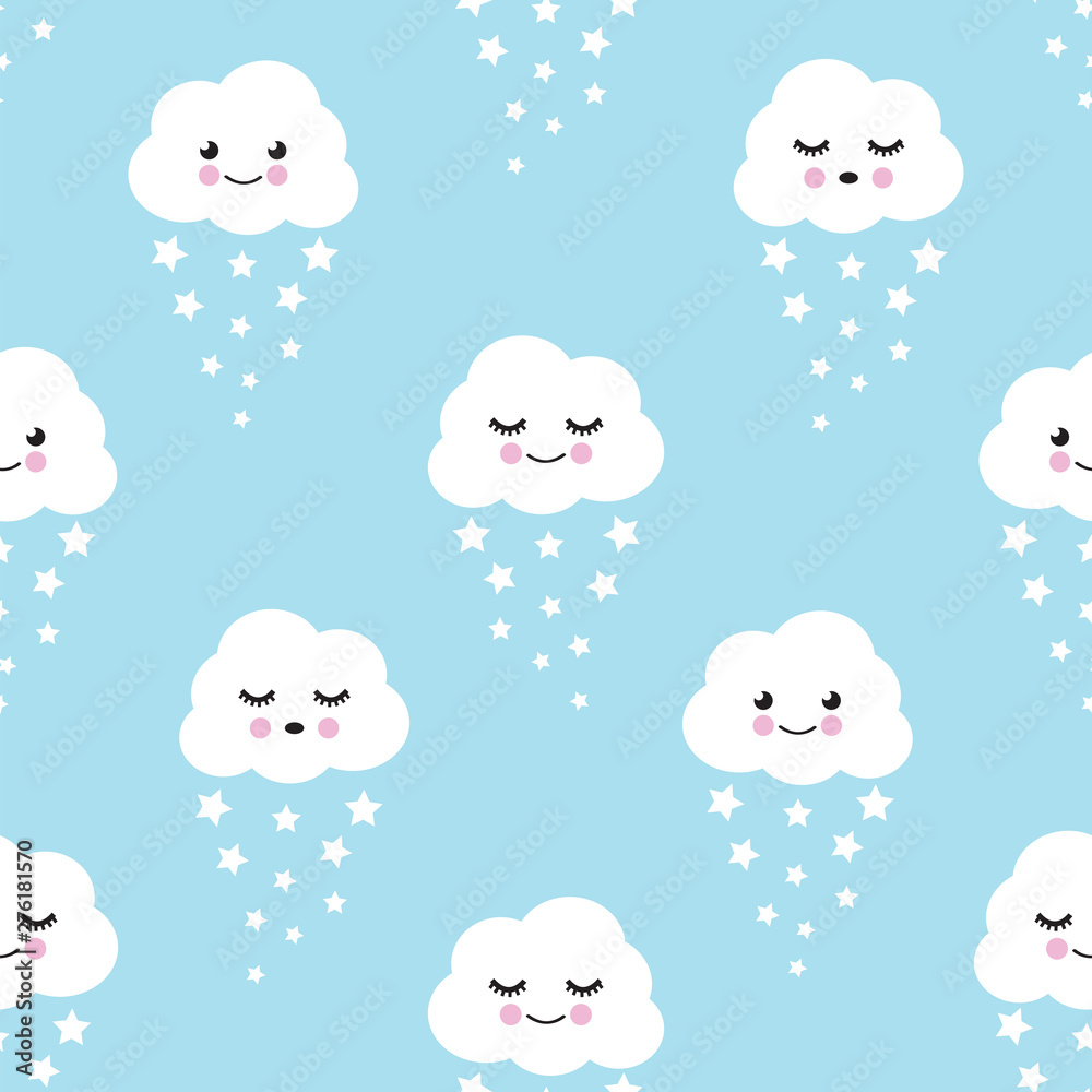 Seamless pattern with clouds, rain of stars vector illustration