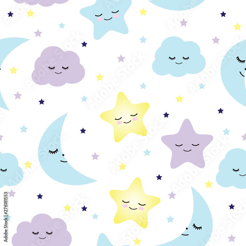 Seamless pattern sleeping stars, moons and clouds vector illustration
