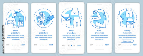 Plastic surgery center procedures onboarding mobile app page screen with linear concepts