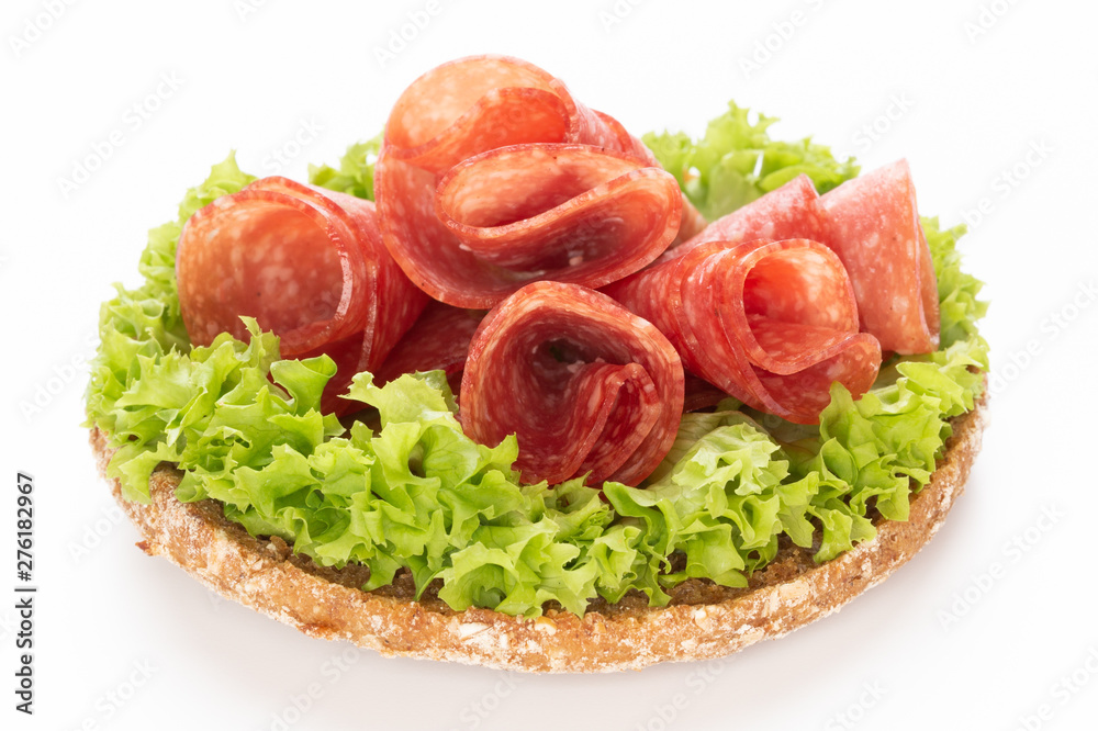 Sandwich with salami sausage on white background.