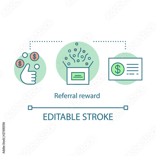 Referral reward. concept icon. Referral marketing tools idea thin line illustration. Bonuses and incentives for client. Discount coupon, voucher. Vector isolated outline drawing. Editable stroke