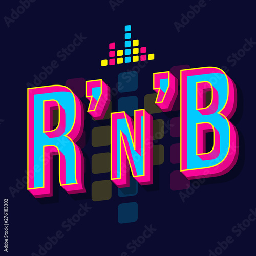 RnB vintage 3d vector lettering. Retro bold font, typeface. Pop art stylized text. Old school style letters. 90s, 80s poster, banner, t shirt typography design. Dark violet color background