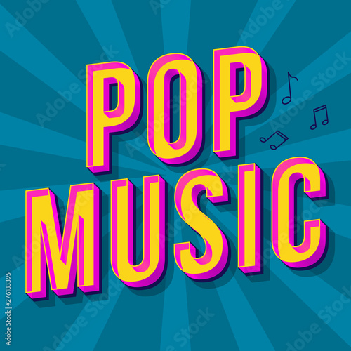 Pop music vintage 3d vector lettering. Retro bold font, typeface. Pop art stylized text. Old school style letters. 90s, 80s poster, banner. Blue halftone comics rays color background