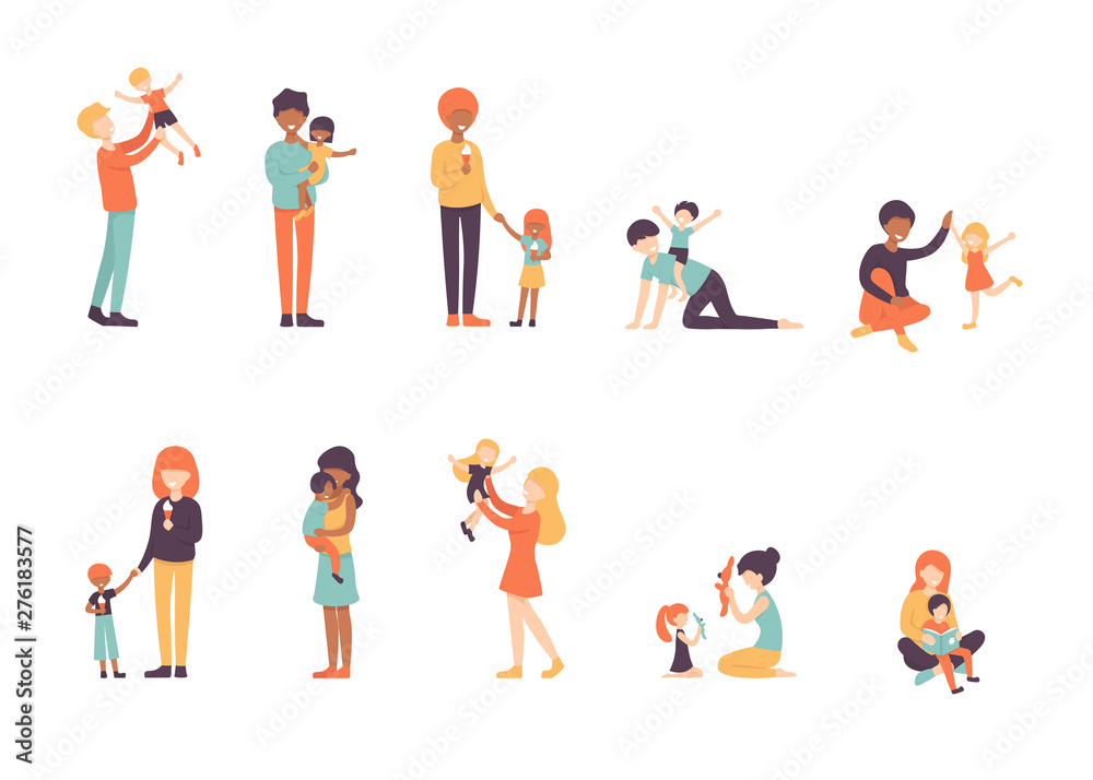 Set of happy people with children. Smiling kids having good time with their dads and moms. Cute flat characters isolated on white background. Colorful vector illustration.
