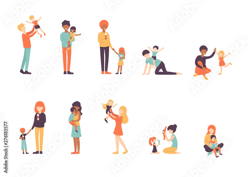 Set of happy people with children. Smiling kids having good time with their dads and moms. Cute flat characters isolated on white background. Colorful vector illustration.