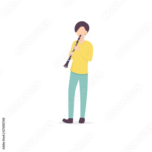 Young guy plays the clarinet jazz music. Flat vector illustration. 