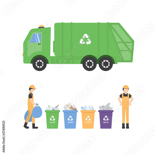 Containers with waste for recycle garbage. Waste management with, garbage truck and trash bins. Sanitation character worker clean up trash by sorting it. Flat illustration isolated.