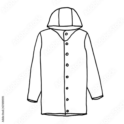 Raincoat. Monochrome sketch, hand drawing. Black outline on white background. Vector illustration