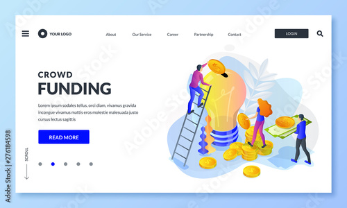 Crowdfunding, investment into idea or business startup. Vector 3d isometric illustration. People putting money to bulb