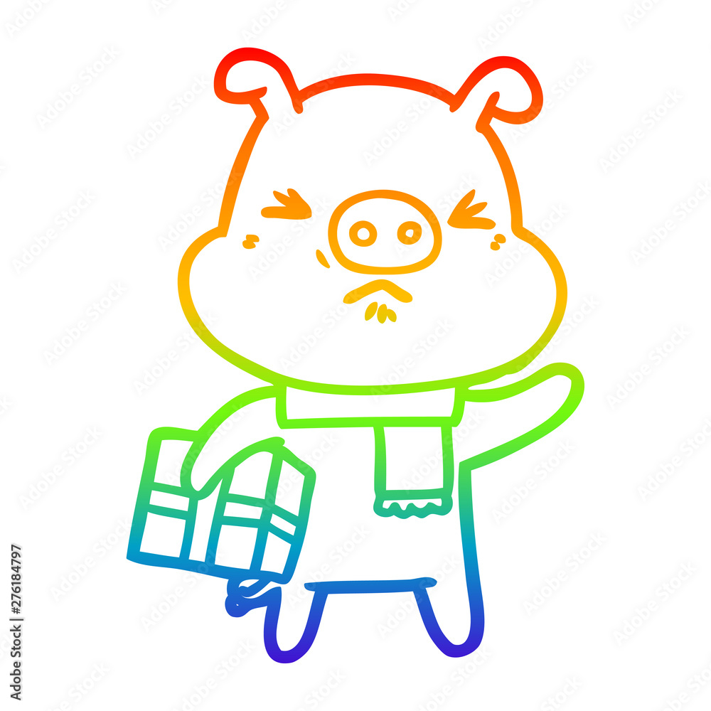 rainbow gradient line drawing cartoon angry pig with christmas present