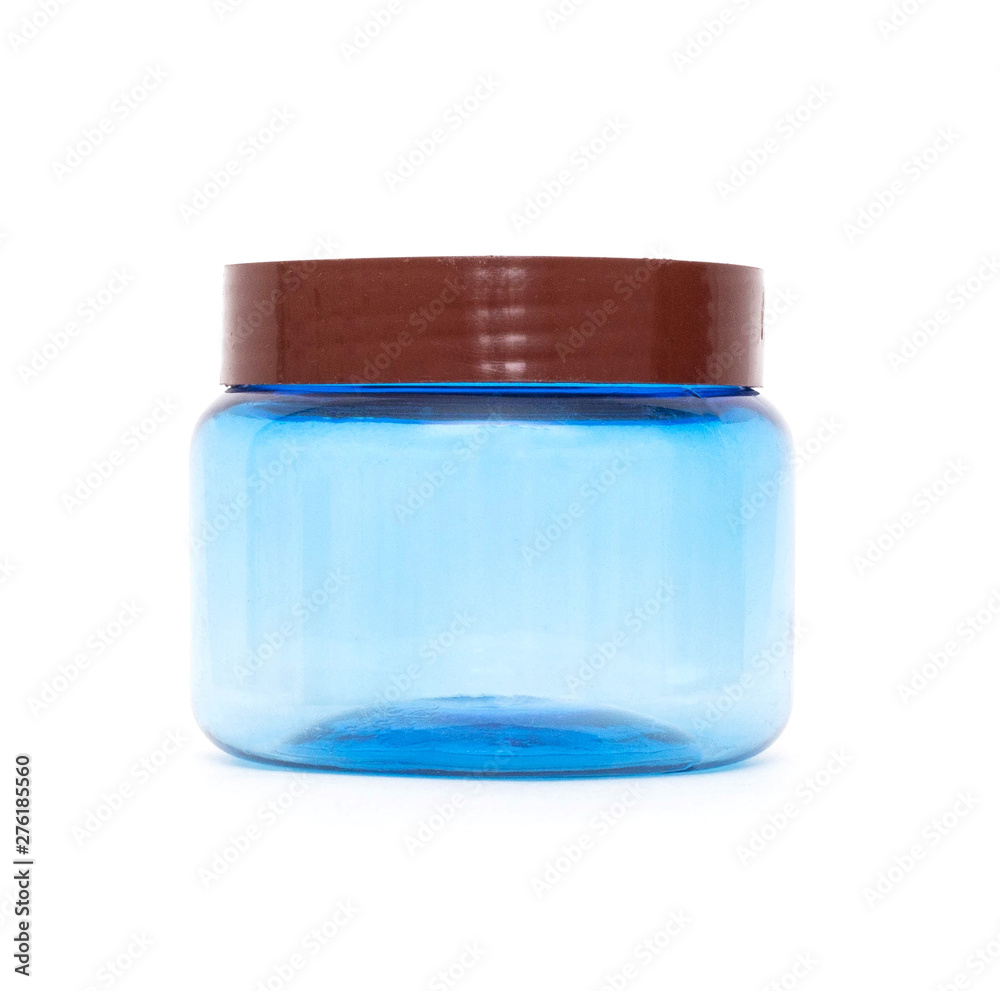 Blue plastic jar with a lid on a white background, isolate, tara Blue plastic jar with a lid on a white background, isolate, tara