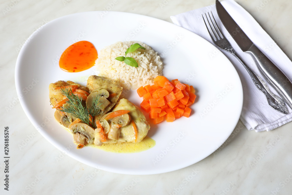 Chicken in mushroom sauce on a plate