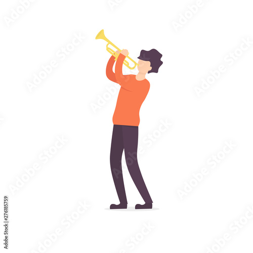 Young guy plays the trumpet jazz music. Flat vector illustration. 