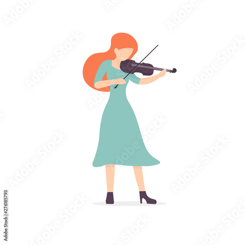 Woman violinist playing a classic concert, beautiful girl holding a violin. Flat vector illustration.