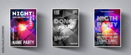 Night party poster set. Festive banner concept. Discotheque flyer set. Vector modern festive leaflet. Minimal brochure layout. Vector illustration. Poster advertising design. Night party flyer.