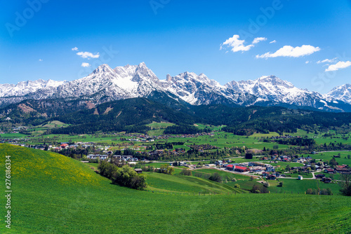 Panoramic view from the hill next to Saalfelden and RItzen lake, Austrian alps.