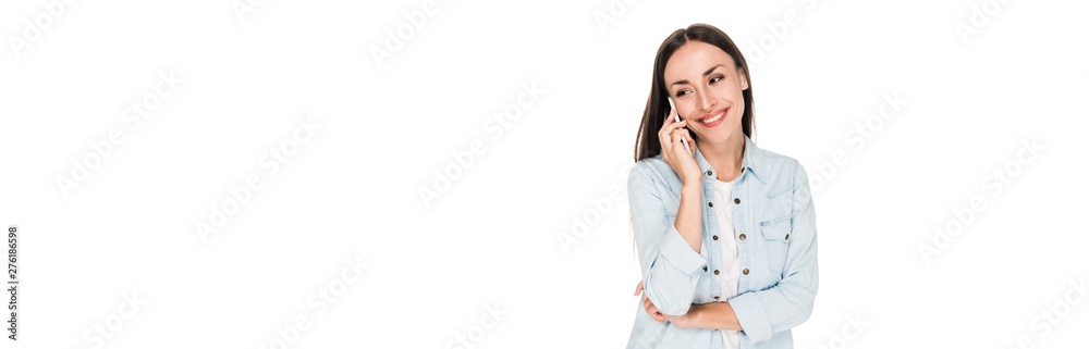 smiling young woman talking on smartphone isolated on white, panoramic shot smiling young woman talking on smartphone isolated on white, panoramic shot