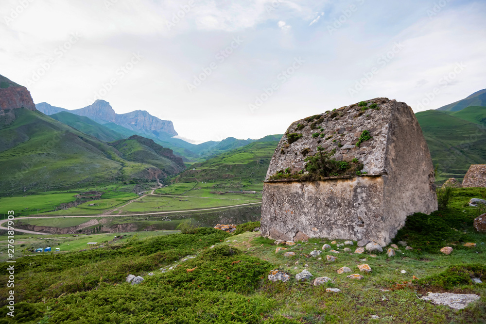 View of medieval tombs in City of Dead near Eltyulbyu, Russia