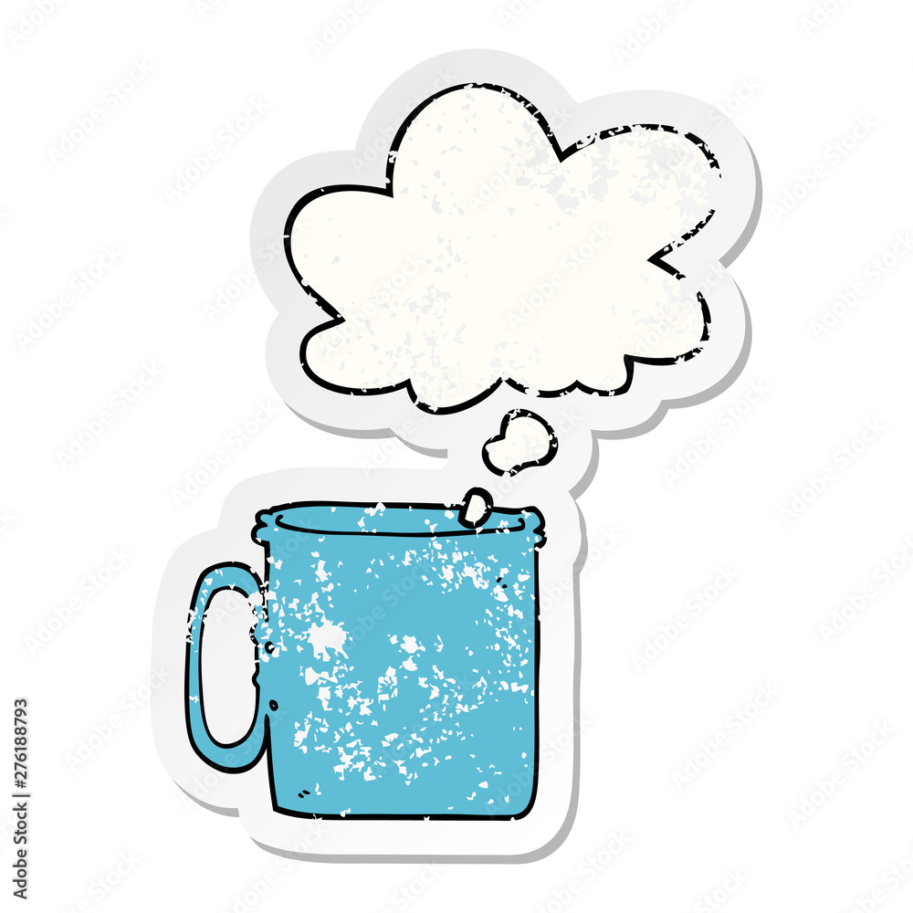 cartoon camping cup of coffee and thought bubble as a distressed worn sticker cartoon camping cup of coffee and thought bubble as a distressed worn sticker