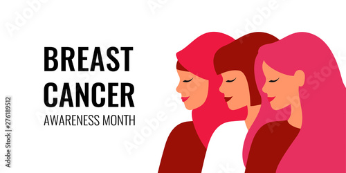 Breast cancer awareness month card with text and three different young women wear pink clothes. Group of smiling ladies support each other to fight breast cancer. Vector cartoon illustration