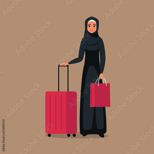 Cartoon young arab woman stands with luggage for travel. Vector illustration isolated from background