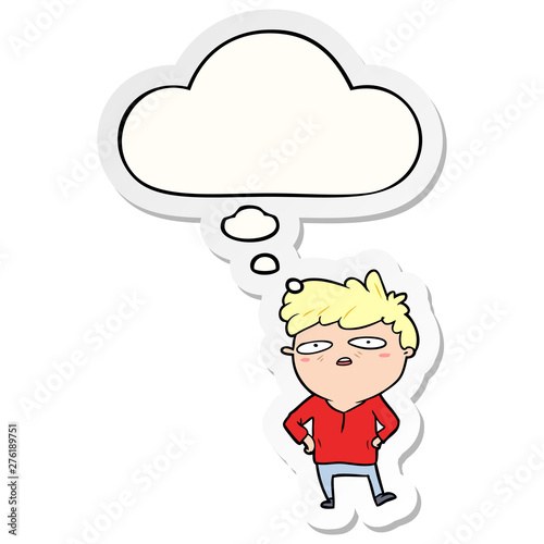 cartoon impatient man and thought bubble as a printed sticker