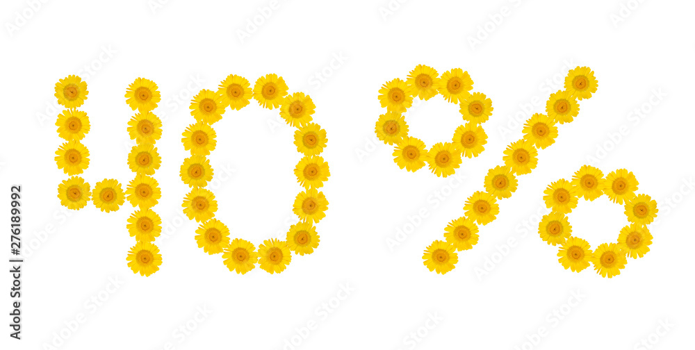 Summer Sale. Discount 40 percent, white isolated background. Symbols of yellow flowers hrezentemy. Banner, flyer, invitation, poster, brochure, voucher