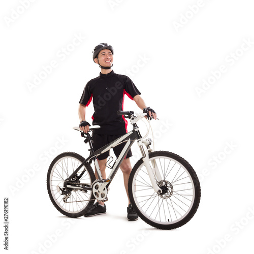A male bicyclist posing with his bicycle, full length studio portrait isolated on white background