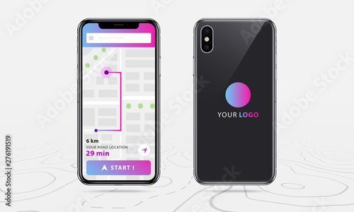 Map GPS navigation, front and back smartphone map application and line navigation with pinpoint on screen, App search map navigation, Vector illustration for graphic design