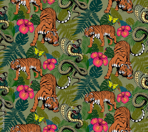 Pattern of cobra and tiger. Suitable for fabric  wrapping paper and the like. Vector illustration