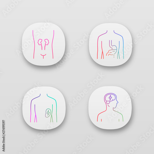 Ill human organs app icons set. UI/UX user interface. Web or mobile applications. Sore kidneys and spleen. Aching stomach. Unhealthy brain. Sick internal body parts. Vector isolated illustrations