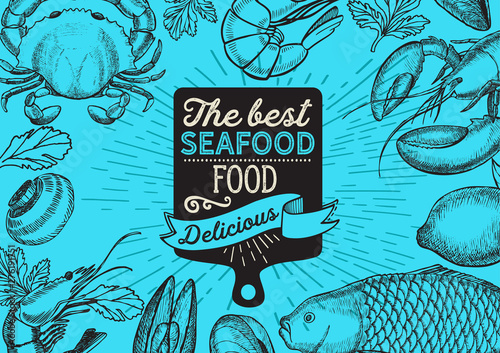 Seafood illustration - fish, crab, lobster, shrimp, mussel for restaurant